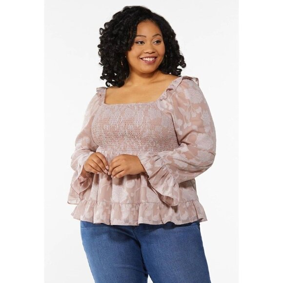 New Cato Plus Smocked Square Chiffon Sheer Mauve Floral Flounce Blouse Top 14 - Picture 1 of 3